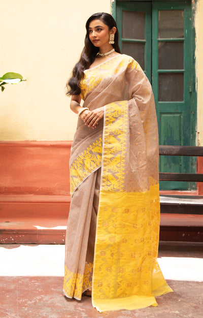 Mocha Saree With Woven Jamdani Geometric Design in Yellow