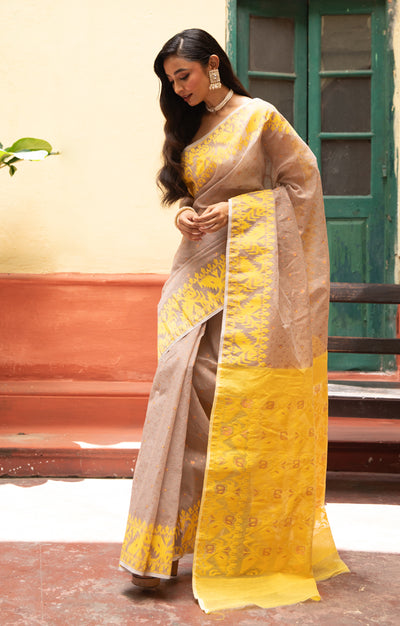 Mocha Saree With Woven Jamdani Geometric Design in Yellow