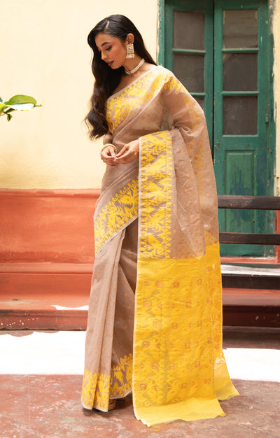 Mocha Saree With Woven Jamdani Geometric Design in Yellow
