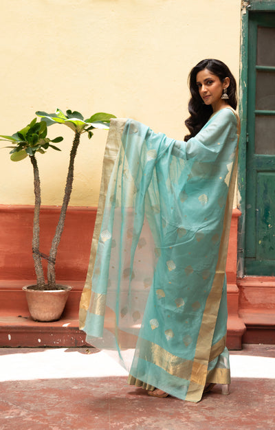 Ocean Blue Silk Cotton Chanderi Saree With Gold Zari Design