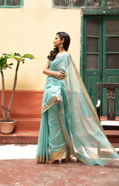 Ocean Blue Silk Cotton Chanderi Saree With Gold Zari Design