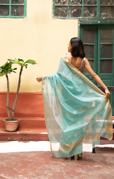 Ocean Blue Silk Cotton Chanderi Saree With Gold Zari Design