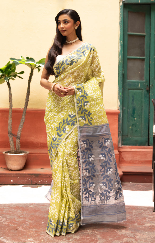 Lime Yellow Jamdani Saree with Striking Flower Vine Woven Design