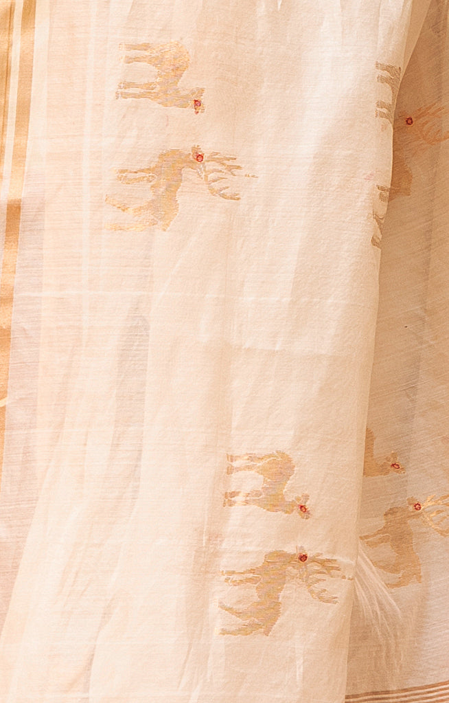 Ivory Chanderi Saree With Gold 'Deer Duo' Buttas Along The Length of the Saree