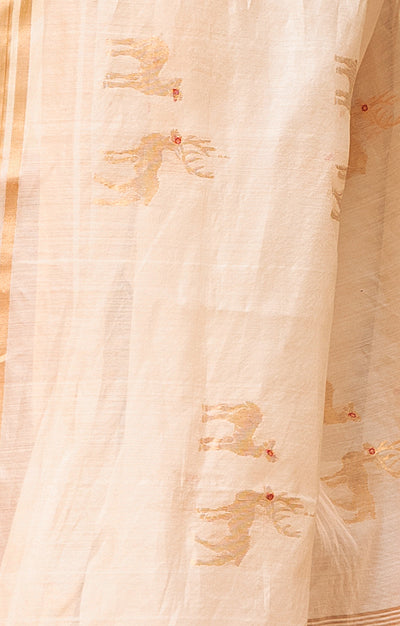 Ivory Chanderi Saree With Gold 'Deer Duo' Buttas Along The Length of the Saree