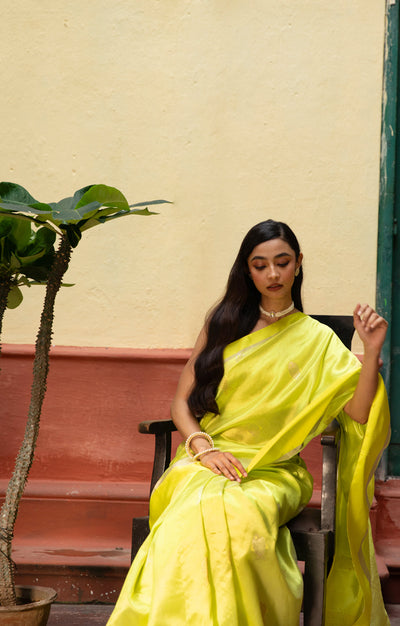 Volt Green Silk  Chanderi  Saree With Silver Fish Buttas Along The Length of the Saree
