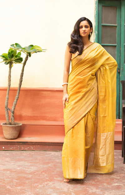 Mustard Chanderi Saree With Silver Buttas Along The Length of the Saree