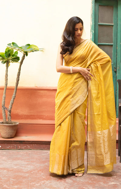 Mustard Chanderi Saree With Silver Buttas Along The Length of the Saree
