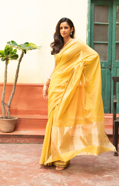 Mustard Chanderi Saree With Silver Buttas Along The Length of the Saree