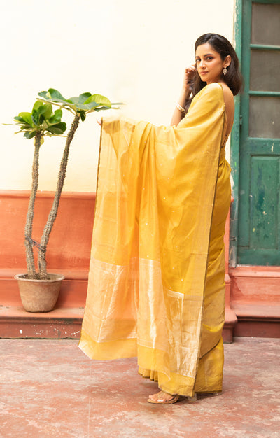 Mustard Chanderi Saree With Silver Buttas Along The Length of the Saree