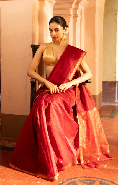 Ruby Red & Rust  Silk Cotton Chanderi  Saree With  Buttas along the length of the saree
