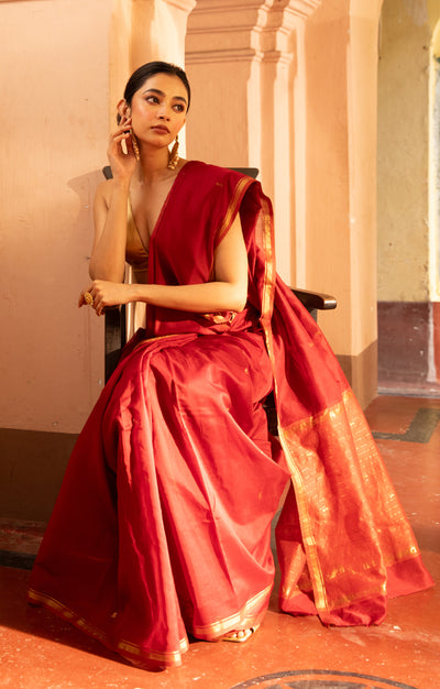 Ruby Red & Rust  Silk Cotton Chanderi  Saree With  Buttas along the length of the saree