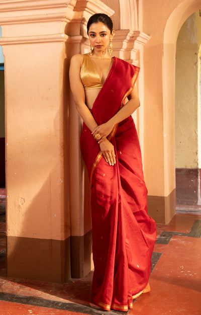 Ruby Red & Rust  Silk Cotton Chanderi  Saree With  Buttas along the length of the saree