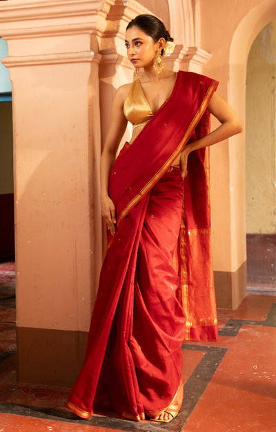 Ruby Red & Rust  Silk Cotton Chanderi  Saree With  Buttas along the length of the saree