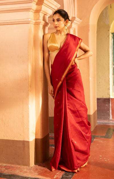 Ruby Red & Rust  Silk Cotton Chanderi  Saree With  Buttas along the length of the saree