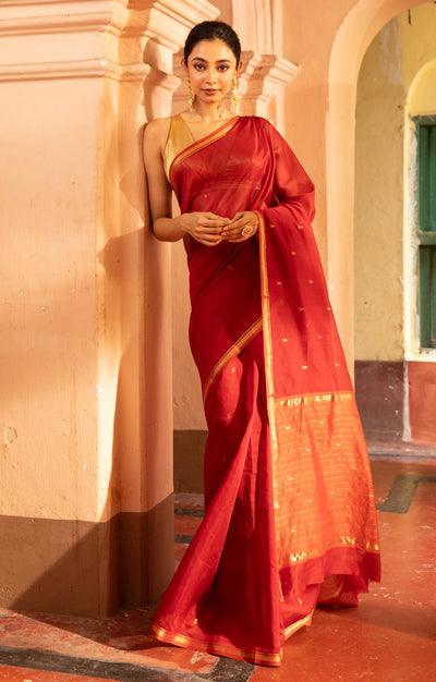 Ruby Red & Rust  Silk Cotton Chanderi  Saree With  Buttas along the length of the saree