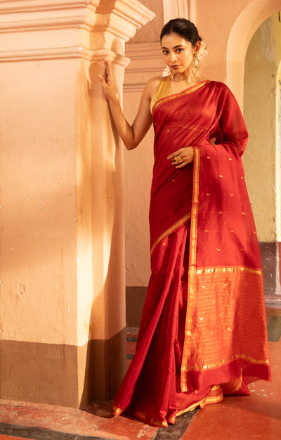 Ruby Red & Rust  Silk Cotton Chanderi  Saree With  Buttas along the length of the saree