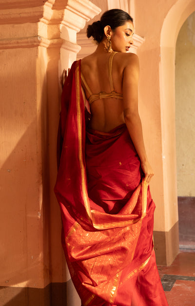 Ruby Red & Rust  Silk Cotton Chanderi  Saree With  Buttas along the length of the saree