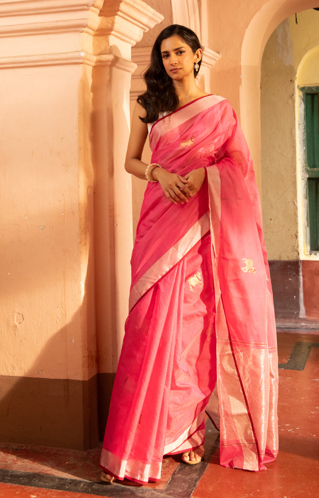 Rose Pink Chanderi Saree With Silver & Gold  Cow Buttas Along The Length of the Saree