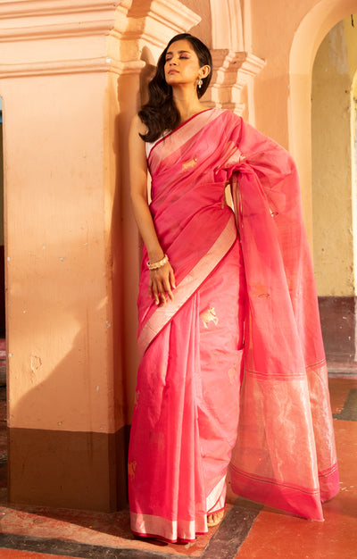 Rose Pink Chanderi Saree With Silver & Gold  Cow Buttas Along The Length of the Saree