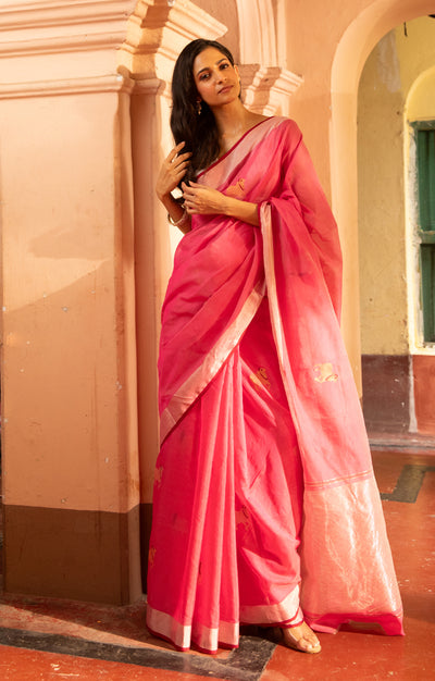 Rose Pink Chanderi Saree With Silver & Gold  Cow Buttas Along The Length of the Saree