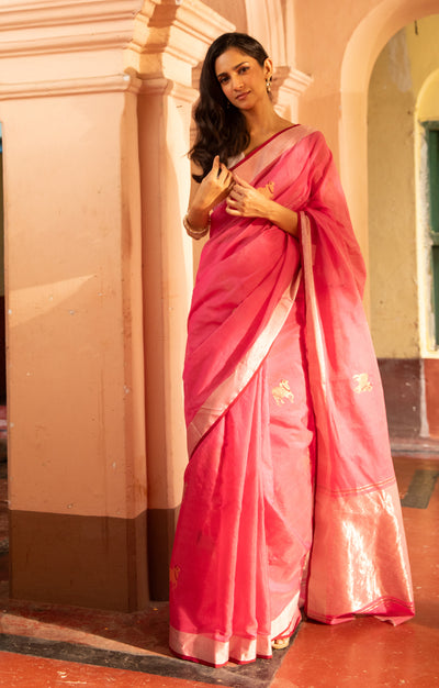 Rose Pink Chanderi Saree With Silver & Gold  Cow Buttas Along The Length of the Saree