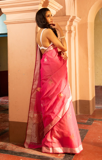 Rose Pink Chanderi Saree With Silver & Gold  Cow Buttas Along The Length of the Saree