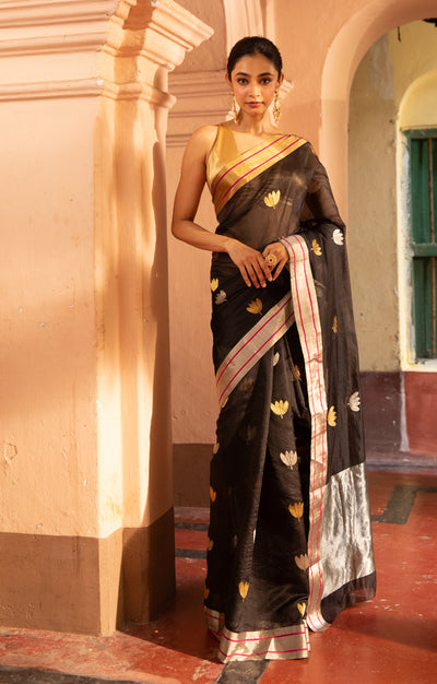 Striking Black Silk Chanderi Saree With Woven Lotus Buttas