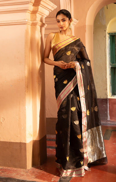 Striking Black Silk Chanderi Saree With Woven Lotus Buttas