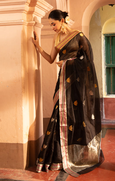 Striking Black Silk Chanderi Saree With Woven Lotus Buttas