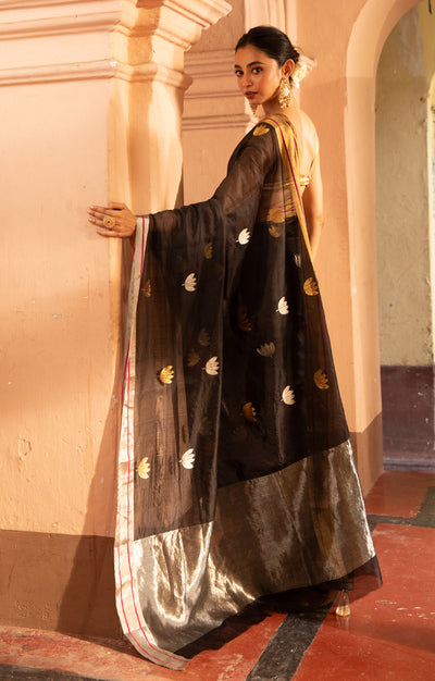 Striking Black Silk Chanderi Saree With Woven Lotus Buttas