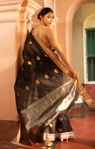 Striking Black Silk Chanderi Saree With Woven Lotus Buttas