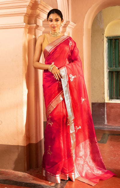 Striking Red Silk Chanderi Saree With Woven Buttas