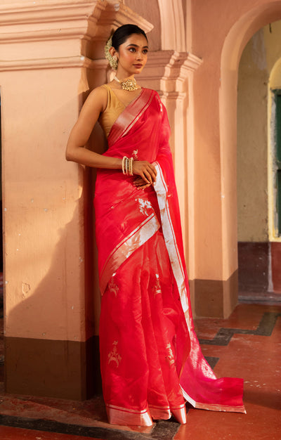Striking Red Silk Chanderi Saree With Woven Buttas