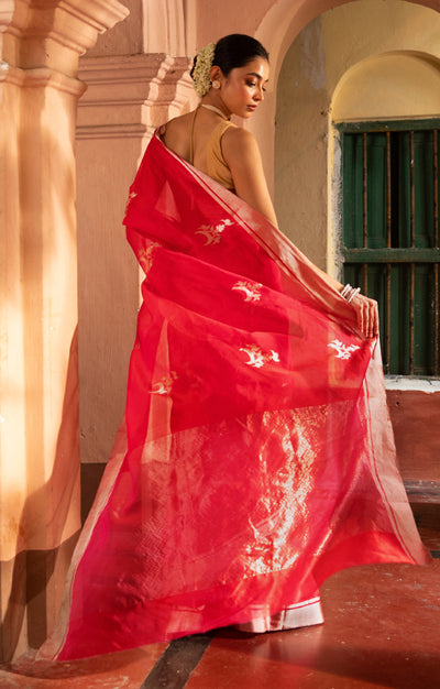 Striking Red Silk Chanderi Saree With Woven Buttas
