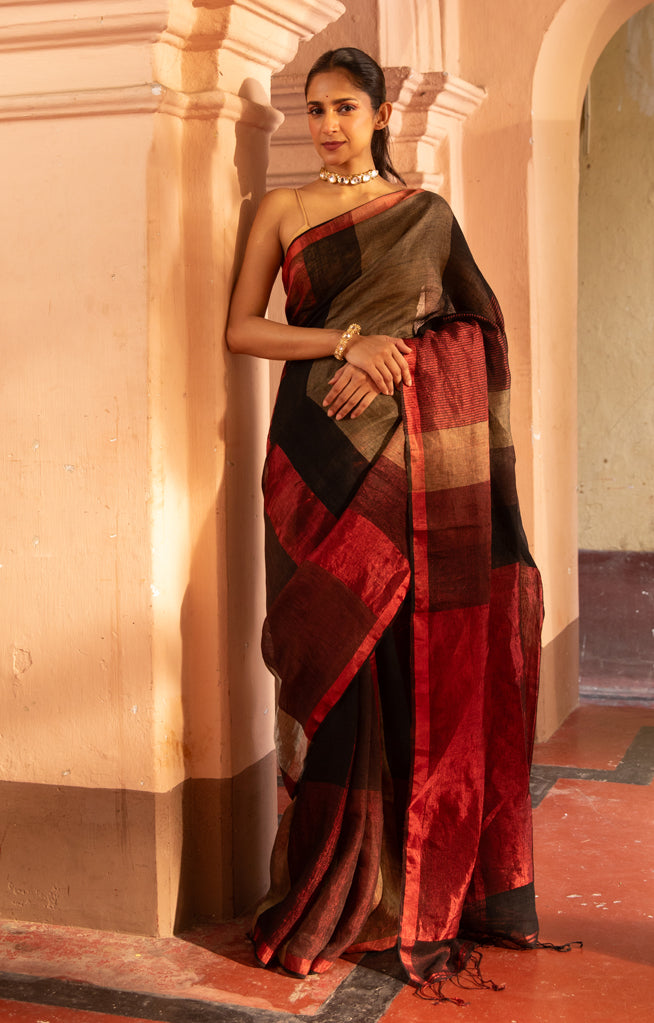 A stunning Red, Black and Beige Thick Vertical Striped Linen Saree