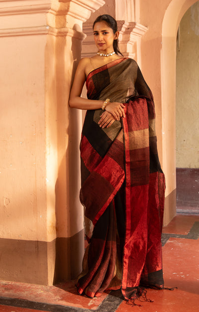 A stunning Red, Black and Beige Thick Vertical Striped Linen Saree