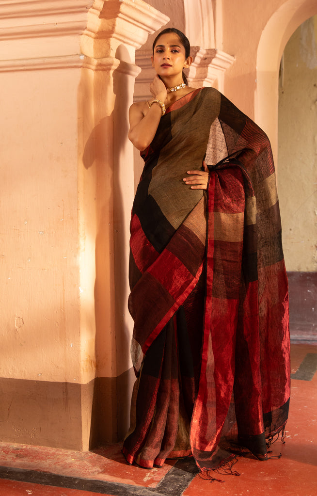 A stunning Red, Black and Beige Thick Vertical Striped Linen Saree