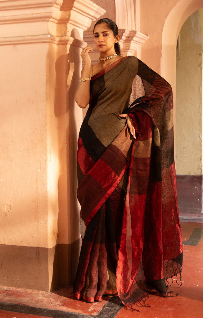 A stunning Red, Black and Beige Thick Vertical Striped Linen Saree