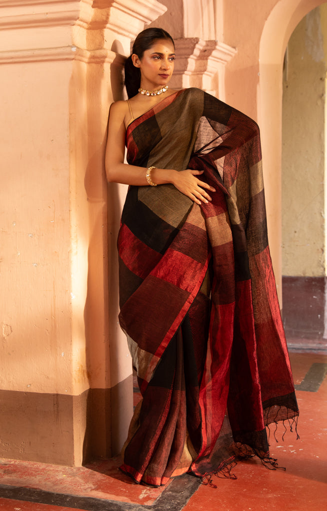A stunning Red, Black and Beige Thick Vertical Striped Linen Saree