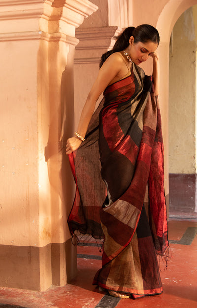 A stunning Red, Black and Beige Thick Vertical Striped Linen Saree
