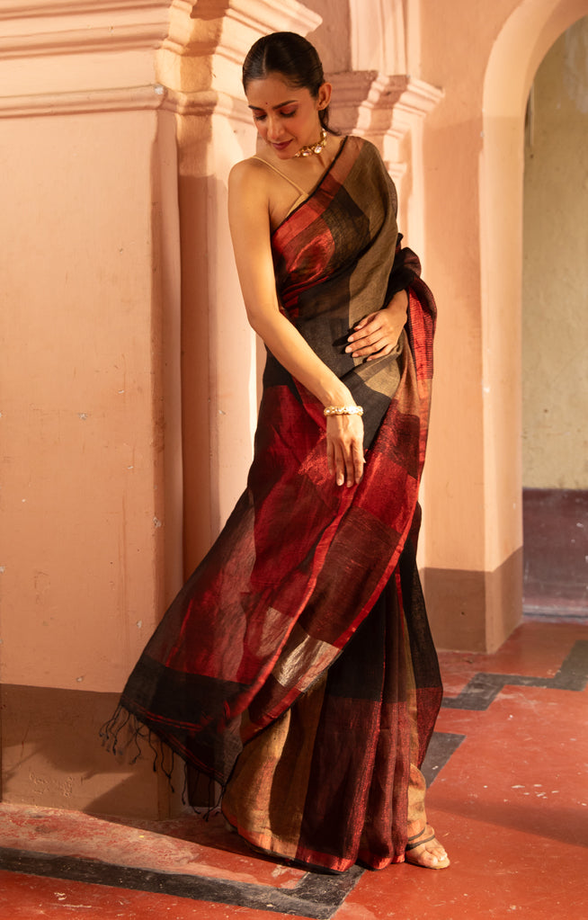 A stunning Red, Black and Beige Thick Vertical Striped Linen Saree