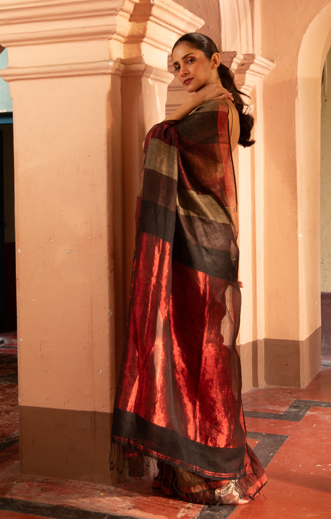 A stunning Red, Black and Beige Thick Vertical Striped Linen Saree