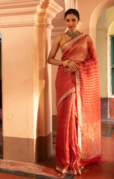Crimson Red Linen Saree with Silver Zari Stripes
