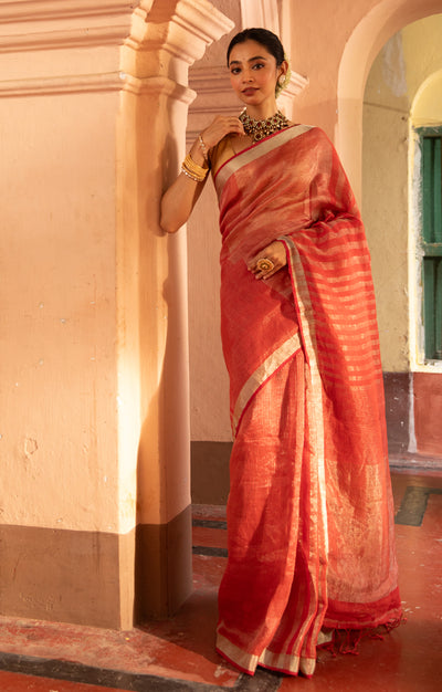 Crimson Red Linen Saree with Silver Zari Stripes