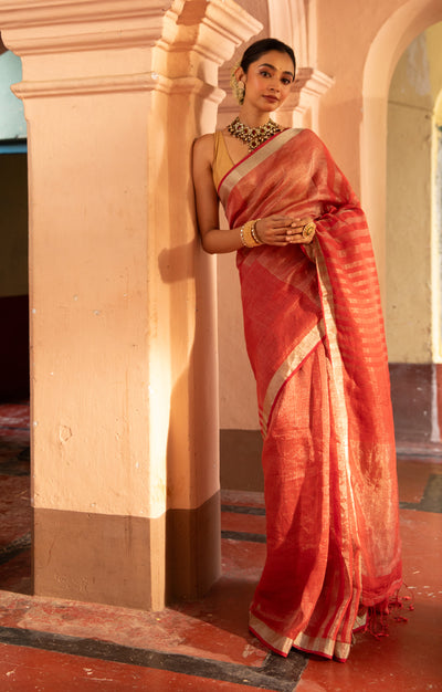 Crimson Red Linen Saree with Silver Zari Stripes