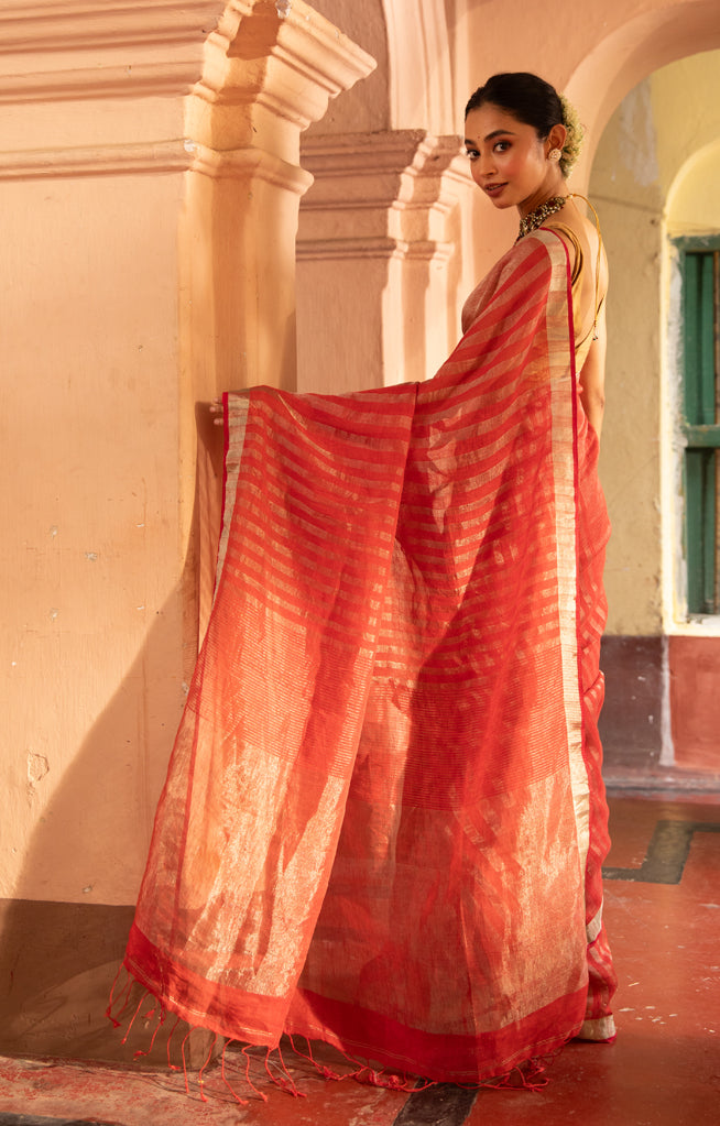 Crimson Red Linen Saree with Silver Zari Stripes
