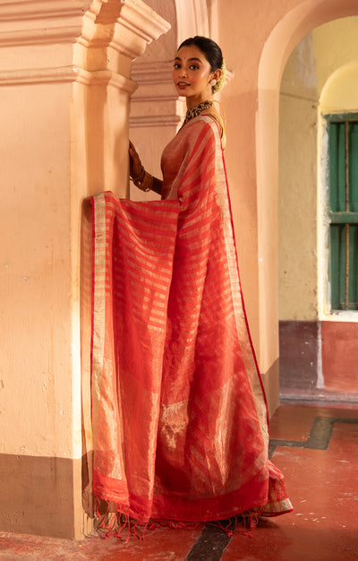 Crimson Red Linen Saree with Silver Zari Stripes