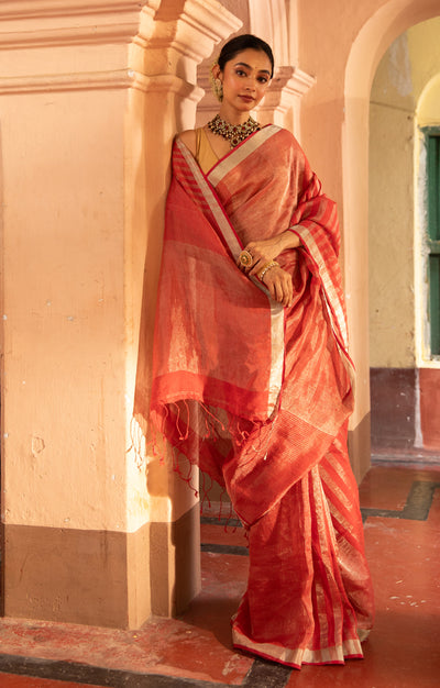 Crimson Red Linen Saree with Silver Zari Stripes