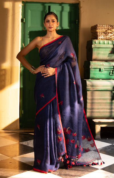 Hibiscus On a Royal Blue Linen Sraee